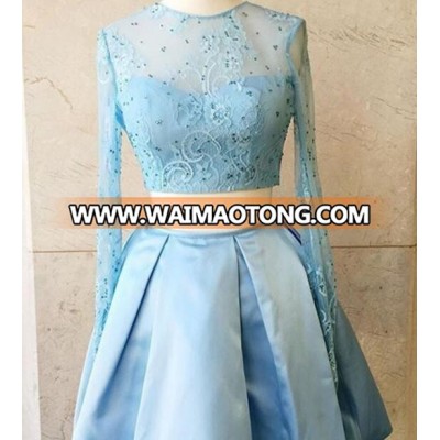 2 Pieces Prom Dresses Short 2018 Lace Blue Long Sleeve Cocktail Dresses Party Dresses