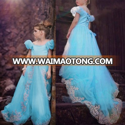 2018 New Design Lace Applique Blue Flower Girl Dress for Weddings Pageant Little Girl Dresses