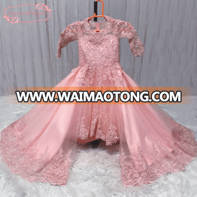 2018 Real Photo Long Sleeve Peachy Pink Lace Applique Flower Girl Dresses for Weddings Detachable Skirt Kids Prom Dress