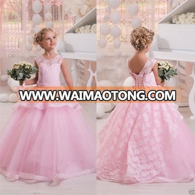 Pink Lace Flower Girl Dresses for 7 Year Old Sleeveless Puffy Tulle Cheap Pageant Little Girl Dress