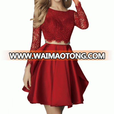 2018 Long Sleeve Lace Short Burgundy Cocktail Dresses 2 Pieces Prom Dresses Short