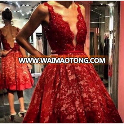 Deep V Neck Lace Applique Red Cocktail Dresses Party Dresses Beaded Short Homecoming Dress