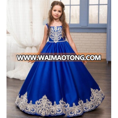 2018 Royal Blue Lace Applique Sleeveless Satin Flower Girl Dress for Weddings