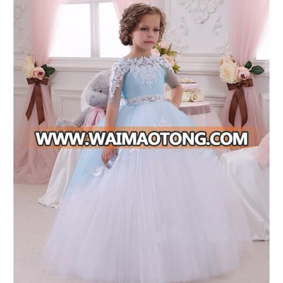 2018 Ice Blue Lace Applique Princess Flower Girl Dresses for Weddings Puffy Tulle Girl Prom Gowns