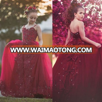 Glitz Pageant Little Girl Dress Beaded 2018 Luxury Lace Applique Burgundy Flower Girl Dress Kids Prom Dress