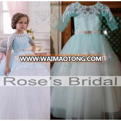 2018 Real Photo Ice Blue Cute Flower Girl Dresses for 7 Year Old Puffy Tulle Cheap Kids Wedding Dress