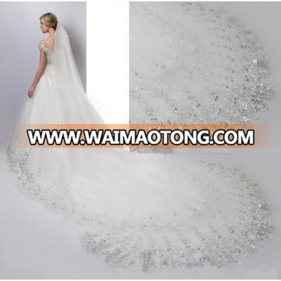 4 Meters Beaded Applique Long Bridal Veil with Comb Soft Tulle Cheap Wholesale Wedding Veils